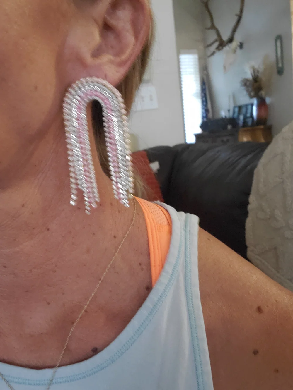 Beaded Fringe U-Shape Drop Earrings - Pink, Gold, Black, Multicolor
